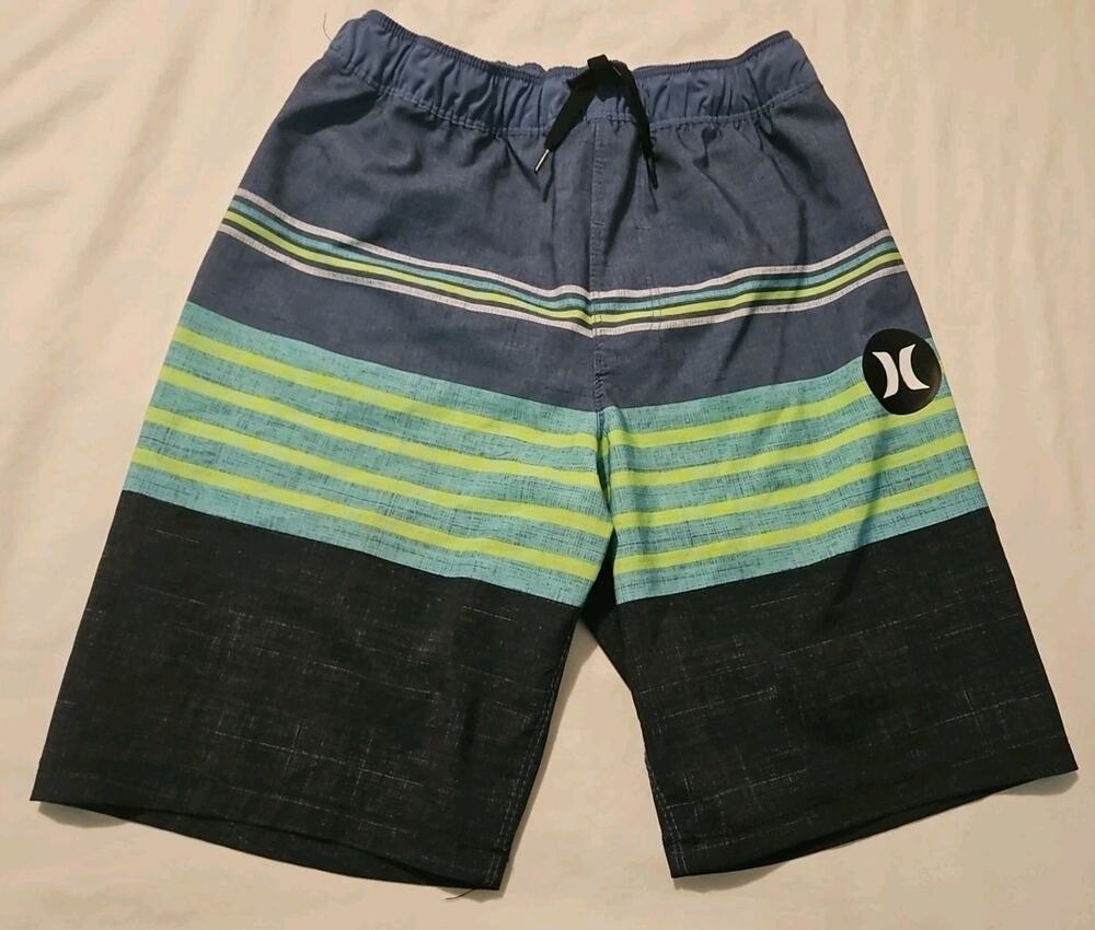 Hurley Swimming Board Shorts Trunks Size 10/12 Green Gray Stripe